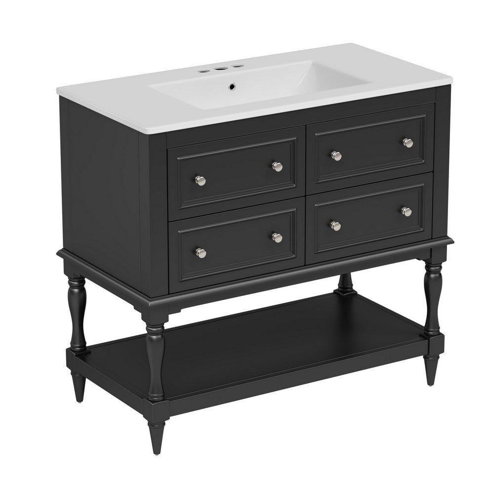 Sandra 36" Bathroom Vanity with Ceramic Sink | 4 Drawers | Black Wood