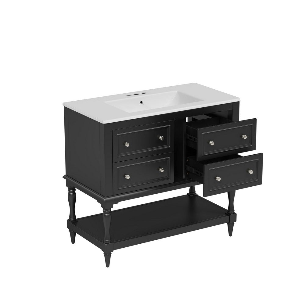 Sandra 36" Bathroom Vanity with Ceramic Sink | 4 Drawers | Black Wood