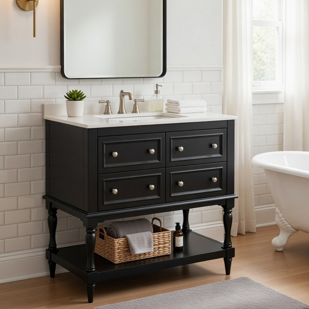 Sandra 36" Bathroom Vanity with Ceramic Sink | 4 Drawers | Black Wood