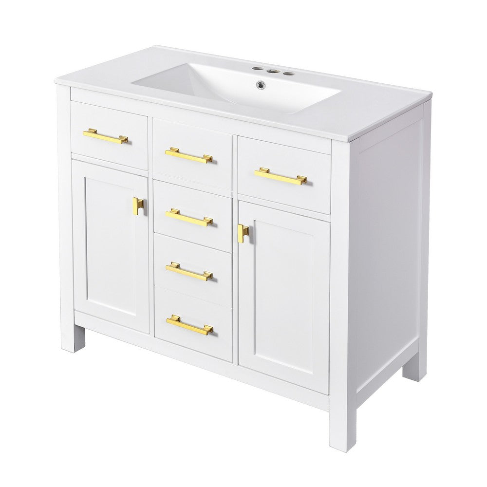Mindy Bathroom Vanity | Ceramic Sink | Gold Metal | 4 Drawers | White 36"
