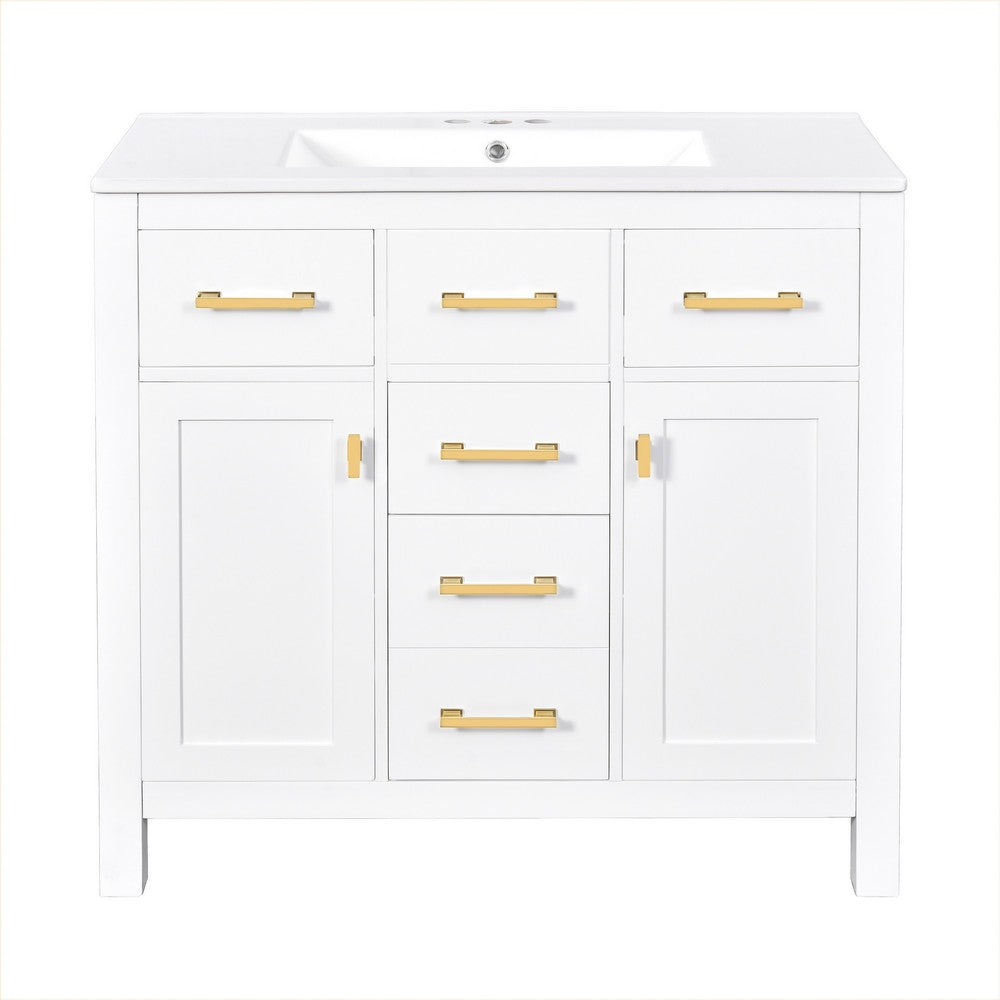 Mindy Bathroom Vanity | Ceramic Sink | Gold Metal | 4 Drawers | White 36"