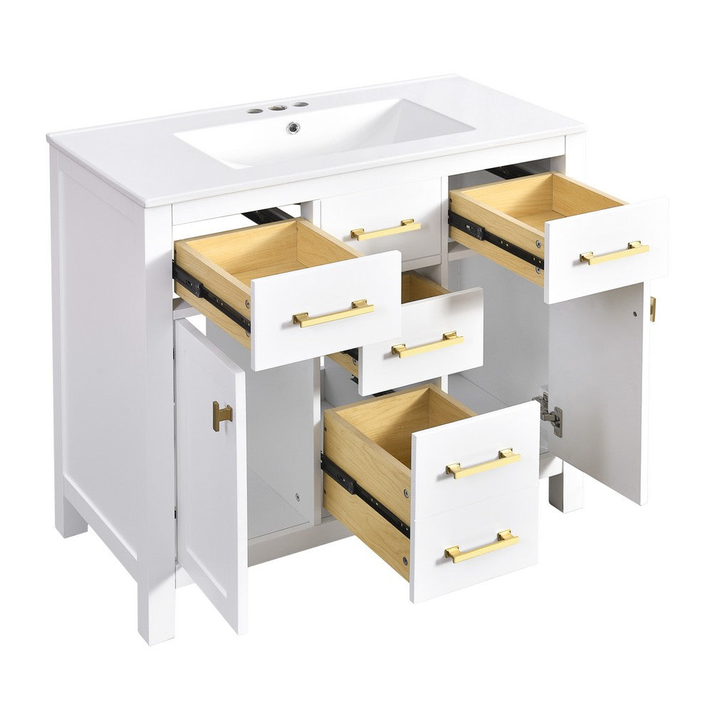 Mindy Bathroom Vanity | Ceramic Sink | Gold Metal | 4 Drawers | White 36"