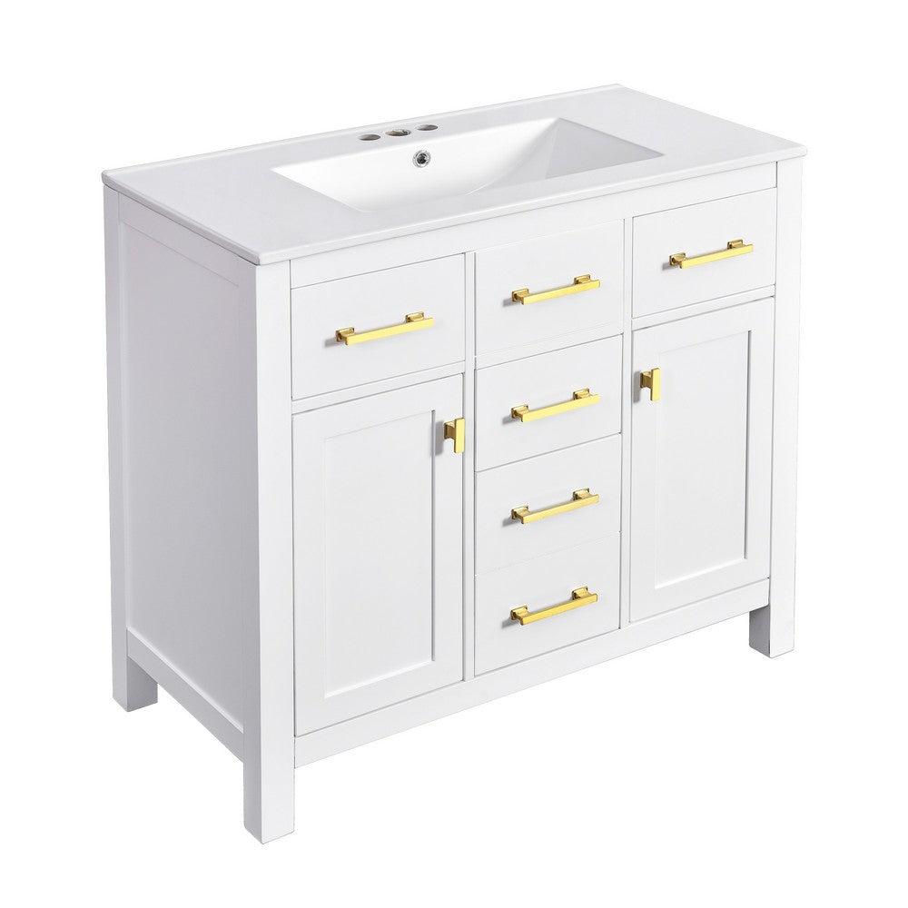 Mindy Bathroom Vanity | Ceramic Sink | Gold Metal | 4 Drawers | White 36"