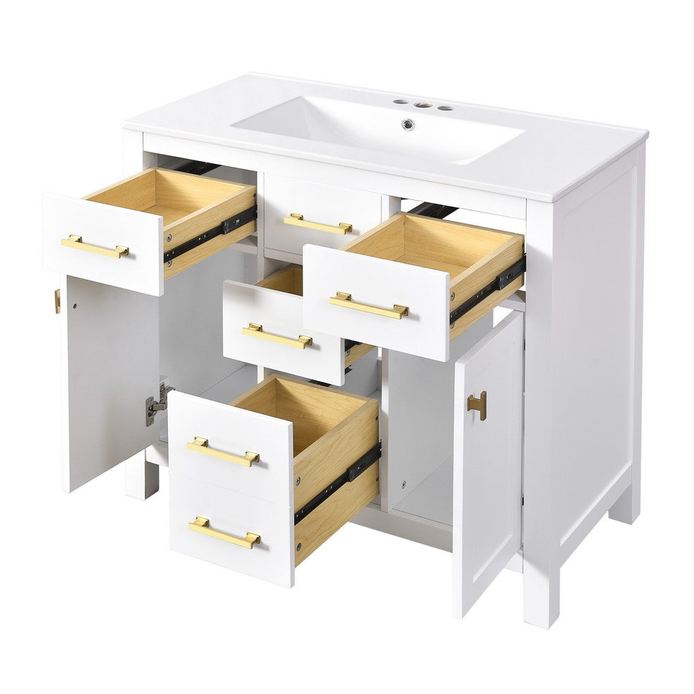 Mindy Bathroom Vanity | Ceramic Sink | Gold Metal | 4 Drawers | White 36"