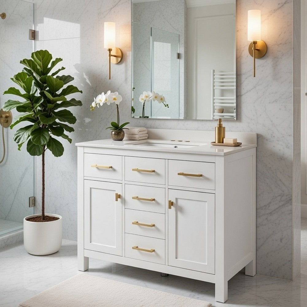 Mindy Bathroom Vanity | Ceramic Sink | Gold Metal | 4 Drawers | White 36"