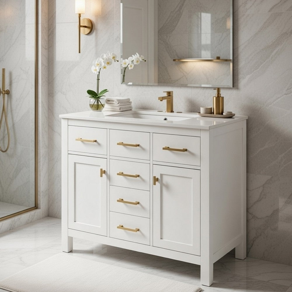 Mindy Bathroom Vanity | Ceramic Sink | Gold Metal | 4 Drawers | White 36"
