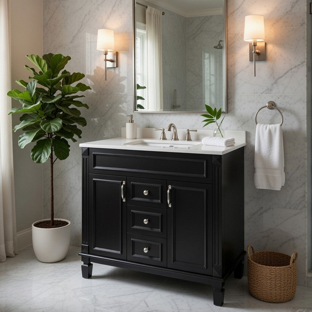 Gwen Bathroom Vanity with Ceramic Sink | 2 Drawers 2 Cabinets | Black Wood
