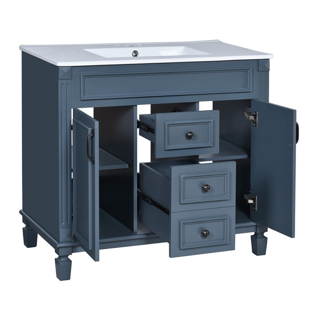 Gwen Bathroom Vanity with Ceramic Sink | 2 Drawers 2 Cabinets | Blue Wood