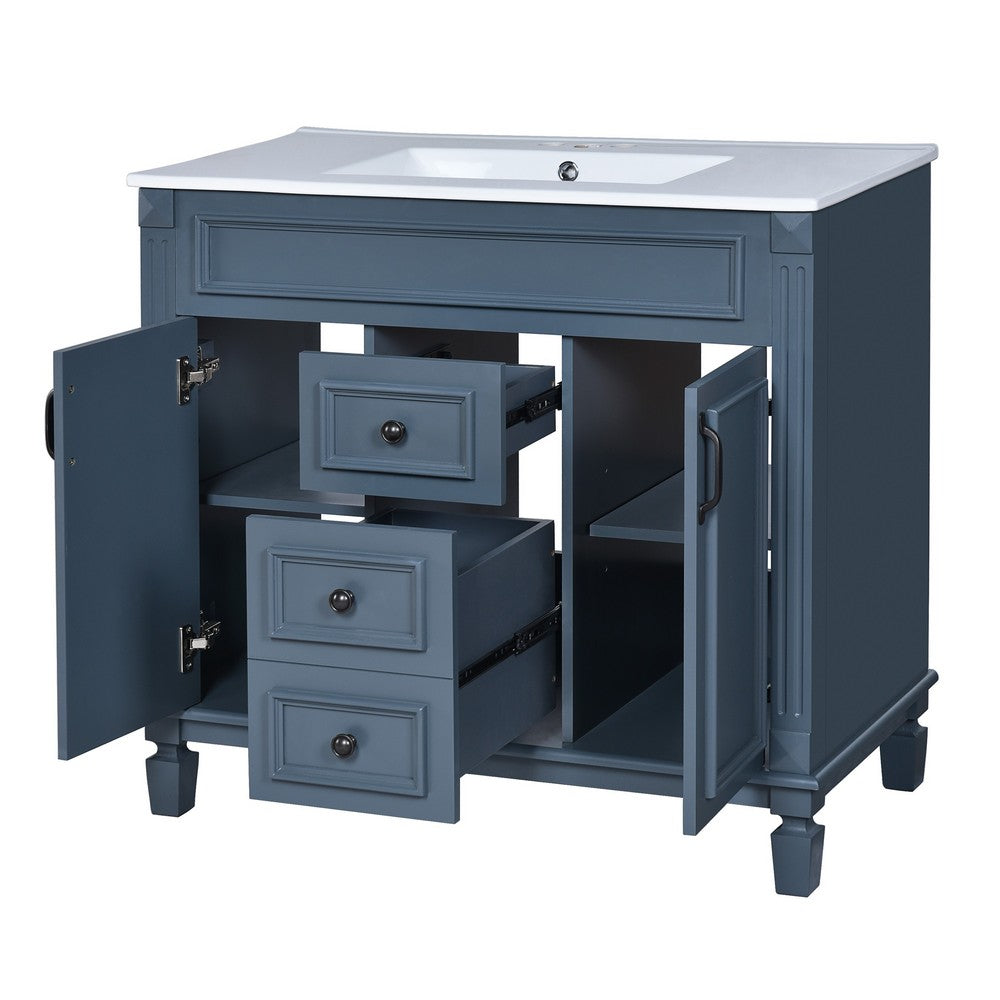Gwen Bathroom Vanity with Ceramic Sink | 2 Drawers 2 Cabinets | Blue Wood