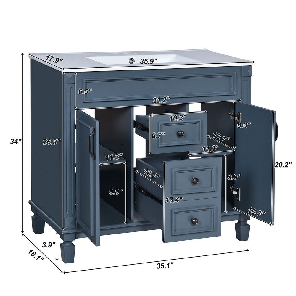 Gwen Bathroom Vanity with Ceramic Sink | 2 Drawers 2 Cabinets | Blue Wood
