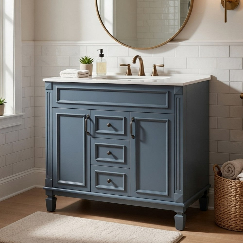 Gwen Bathroom Vanity with Ceramic Sink | 2 Drawers 2 Cabinets | Blue Wood