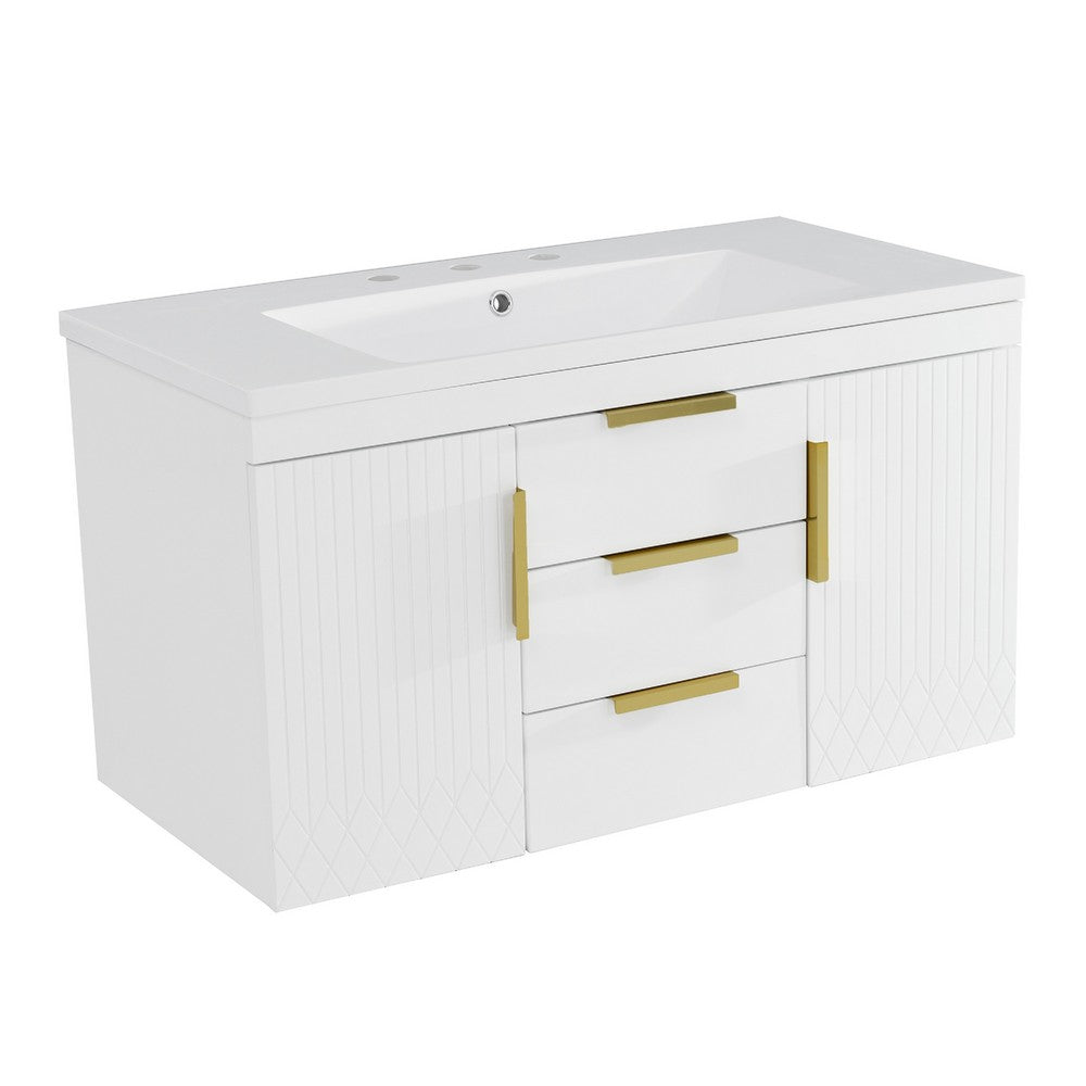 Jayz Floating Vanity with Sink | Gold Accents | White Textured Wood 36"