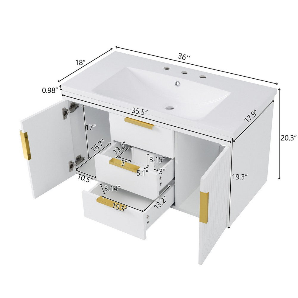 Jayz Floating Vanity with Sink | Gold Accents | White Textured Wood 36"