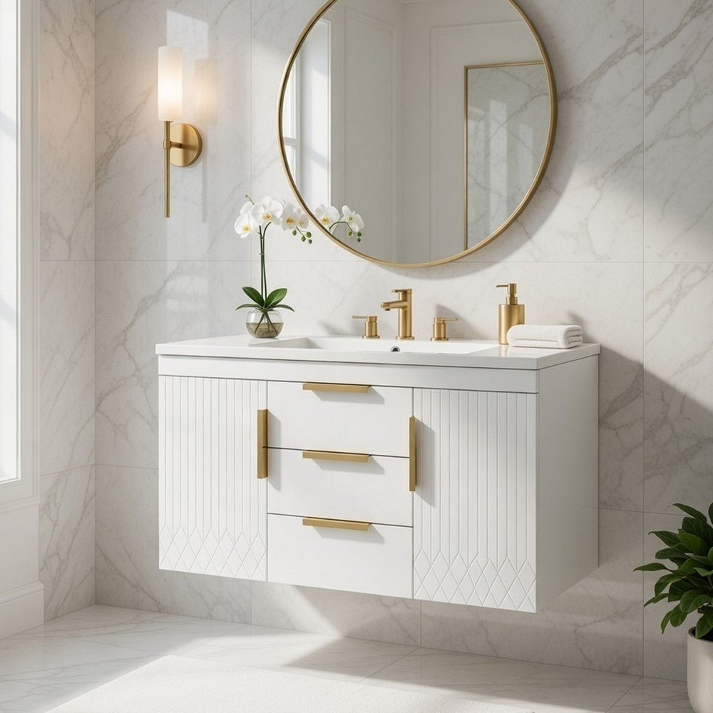 Jayz Floating Vanity with Sink | Gold Accents | White Textured Wood 36"