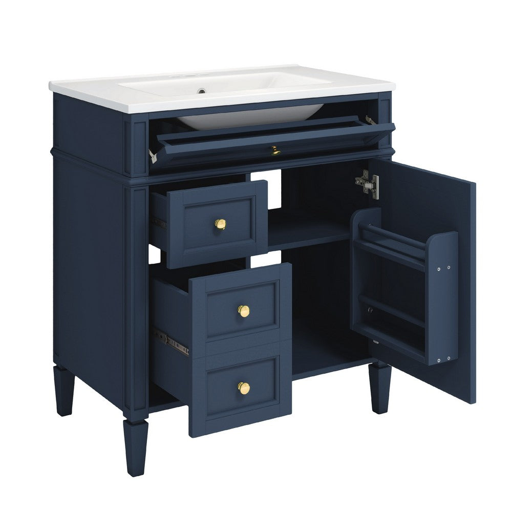 Asher Bathroom Vanity | Ceramic Sink | Smart Storage | Blue Wood 30"