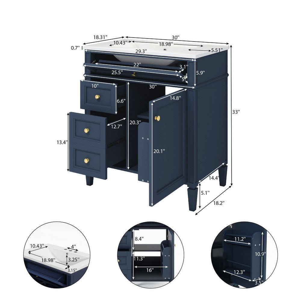 Asher Bathroom Vanity | Ceramic Sink | Smart Storage | Blue Wood 30"