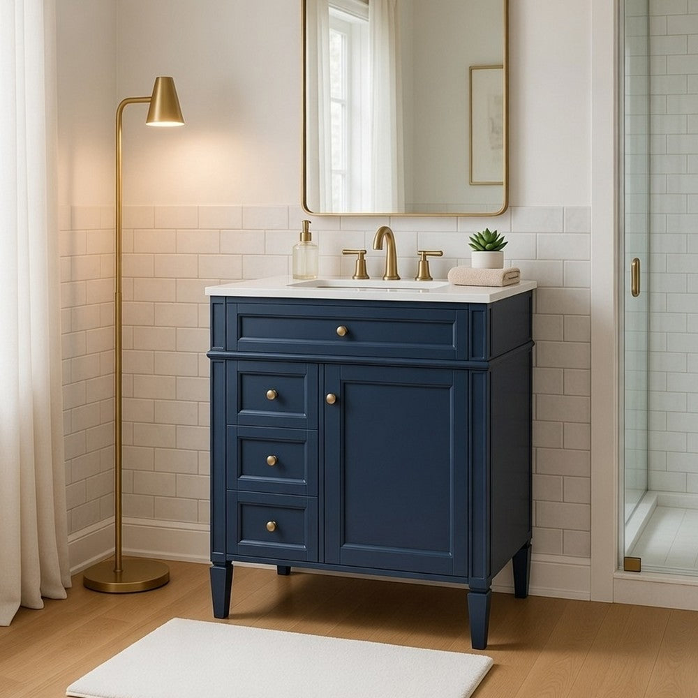 Asher Bathroom Vanity | Ceramic Sink | Smart Storage | Blue Wood 30"