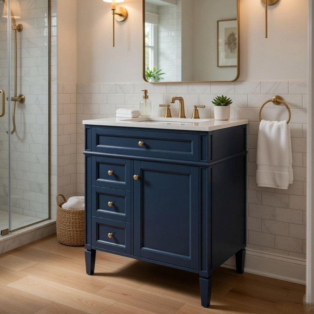 Asher Bathroom Vanity | Ceramic Sink | Smart Storage | Blue Wood 30"