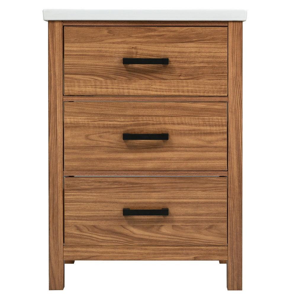 Addie Bathroom Vanity | Ceramic Sink | 3 Drawers | Natural Brown Wood 24"
