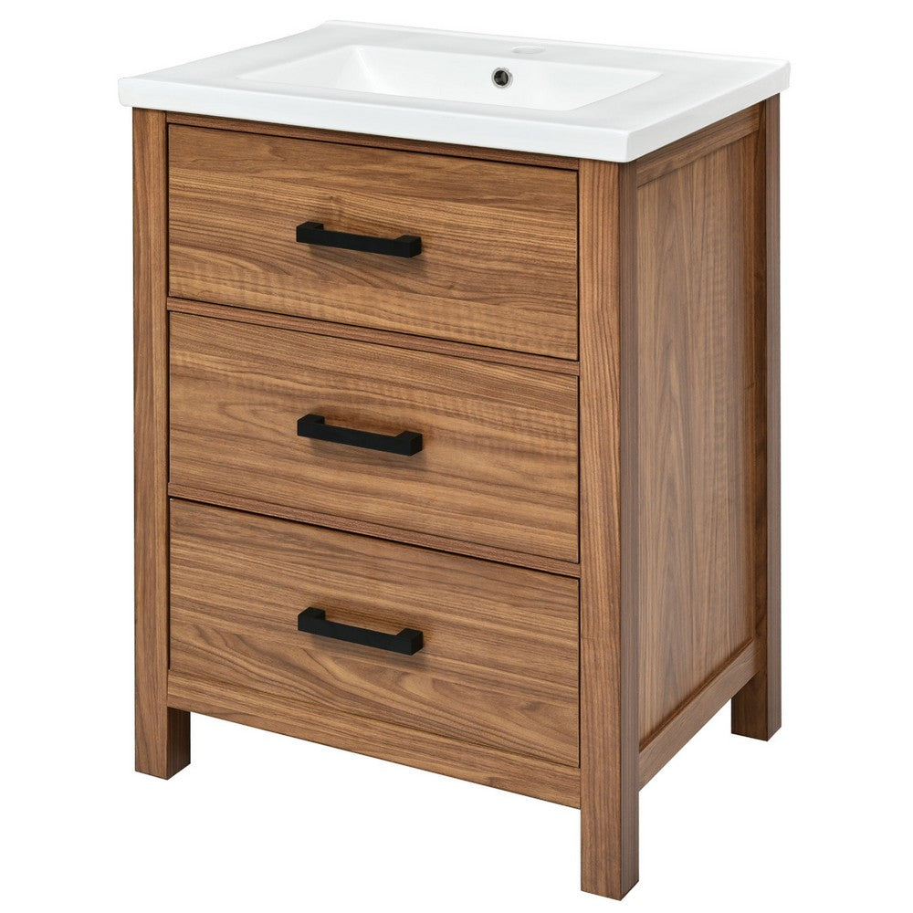 Addie Bathroom Vanity | Ceramic Sink | 3 Drawers | Natural Brown Wood 24"