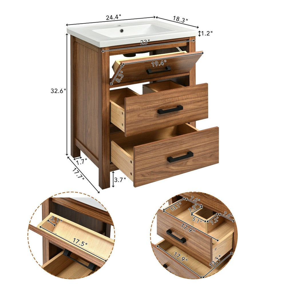 Addie Bathroom Vanity | Ceramic Sink | 3 Drawers | Natural Brown Wood 24"