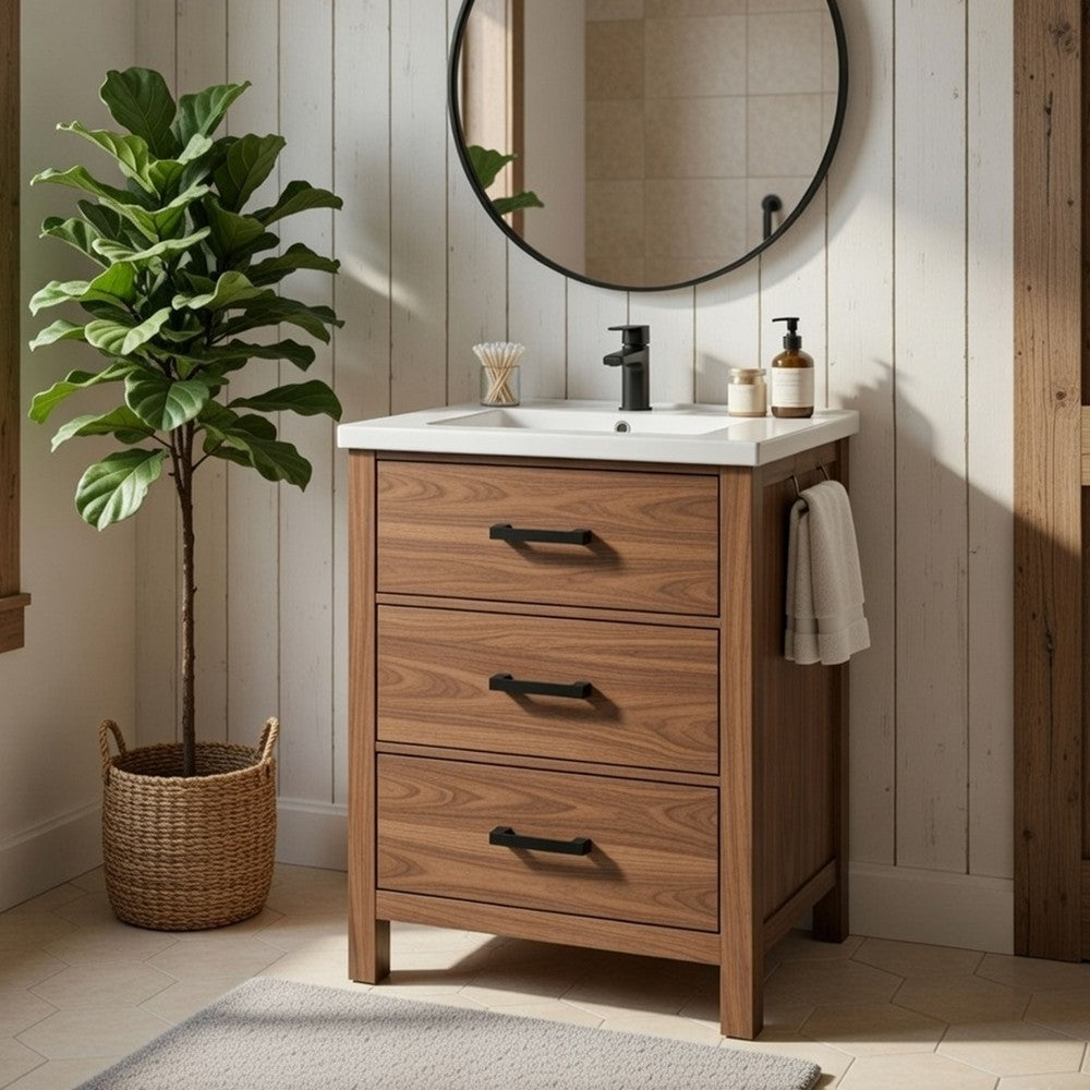 Addie Bathroom Vanity | Ceramic Sink | 3 Drawers | Natural Brown Wood 24"