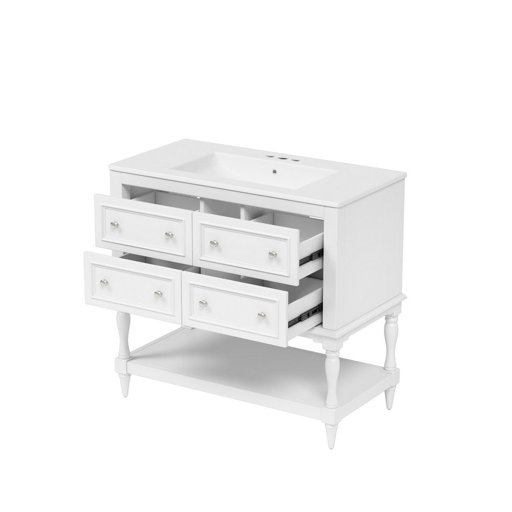 Sandra 36" Bathroom Vanity with Ceramic Sink | 4 Drawers | White Solid Wood