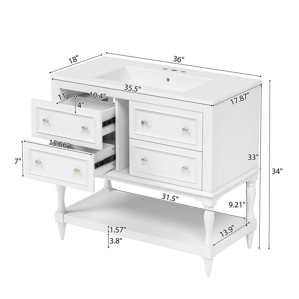 Sandra 36" Bathroom Vanity with Ceramic Sink | 4 Drawers | White Solid Wood
