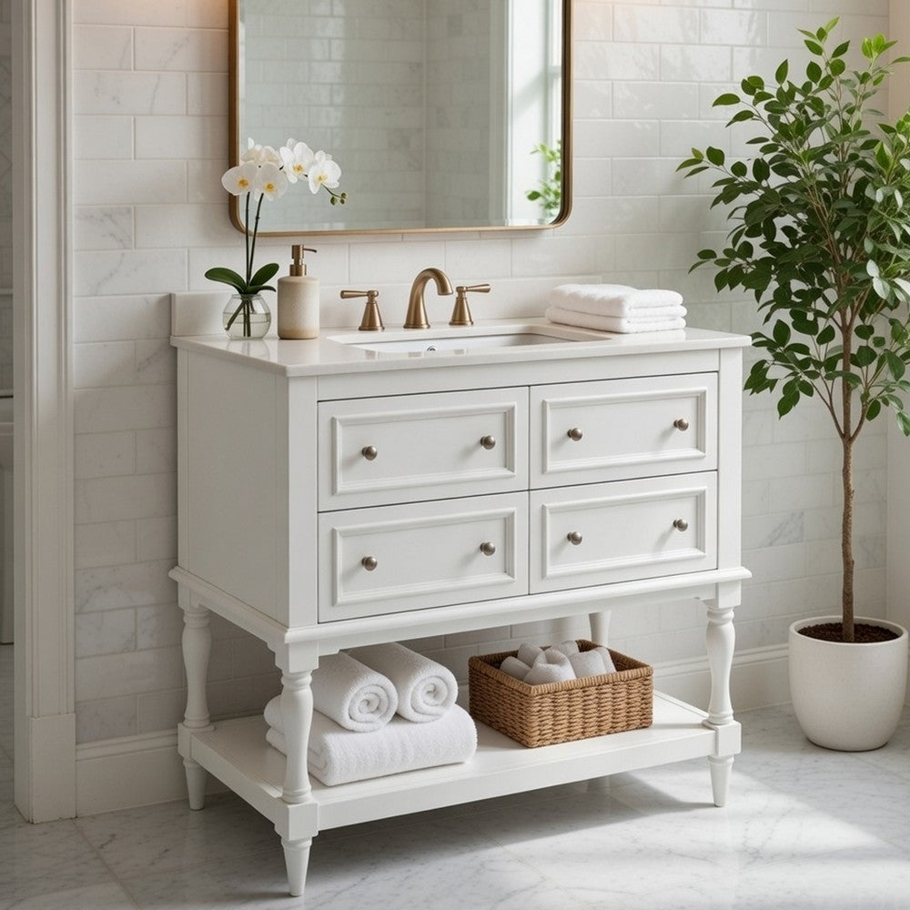 Sandra 36" Bathroom Vanity with Ceramic Sink | 4 Drawers | White Solid Wood