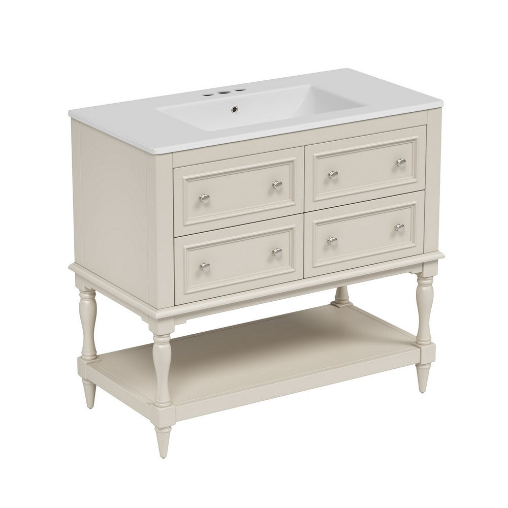 Sandra 36" Bathroom Vanity with Ceramic Sink | 4 Drawers | Beige Solid Wood