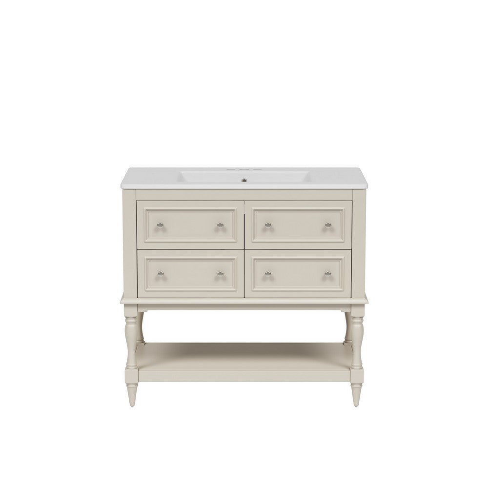 Sandra 36" Bathroom Vanity with Ceramic Sink | 4 Drawers | Beige Solid Wood