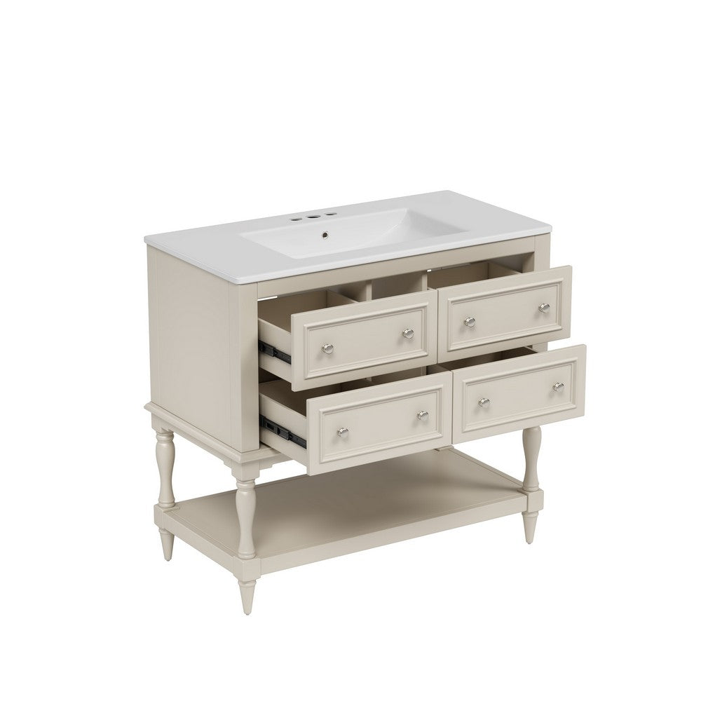 Sandra 36" Bathroom Vanity with Ceramic Sink | 4 Drawers | Beige Solid Wood