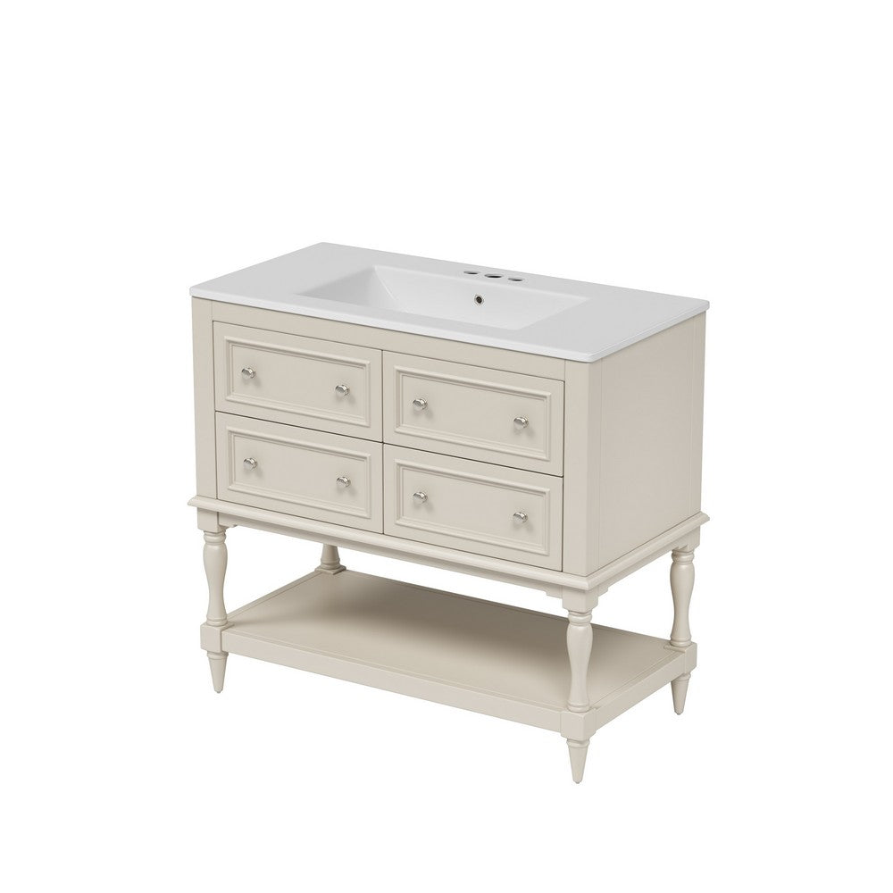 Sandra 36" Bathroom Vanity with Ceramic Sink | 4 Drawers | Beige Solid Wood