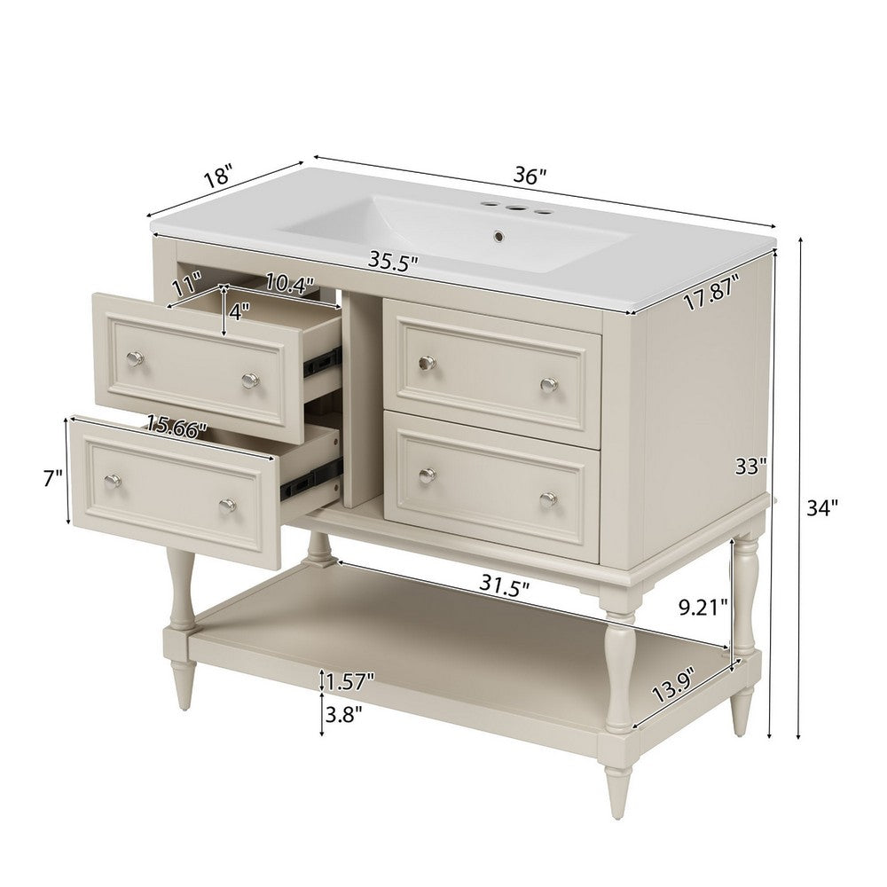 Sandra 36" Bathroom Vanity with Ceramic Sink | 4 Drawers | Beige Solid Wood