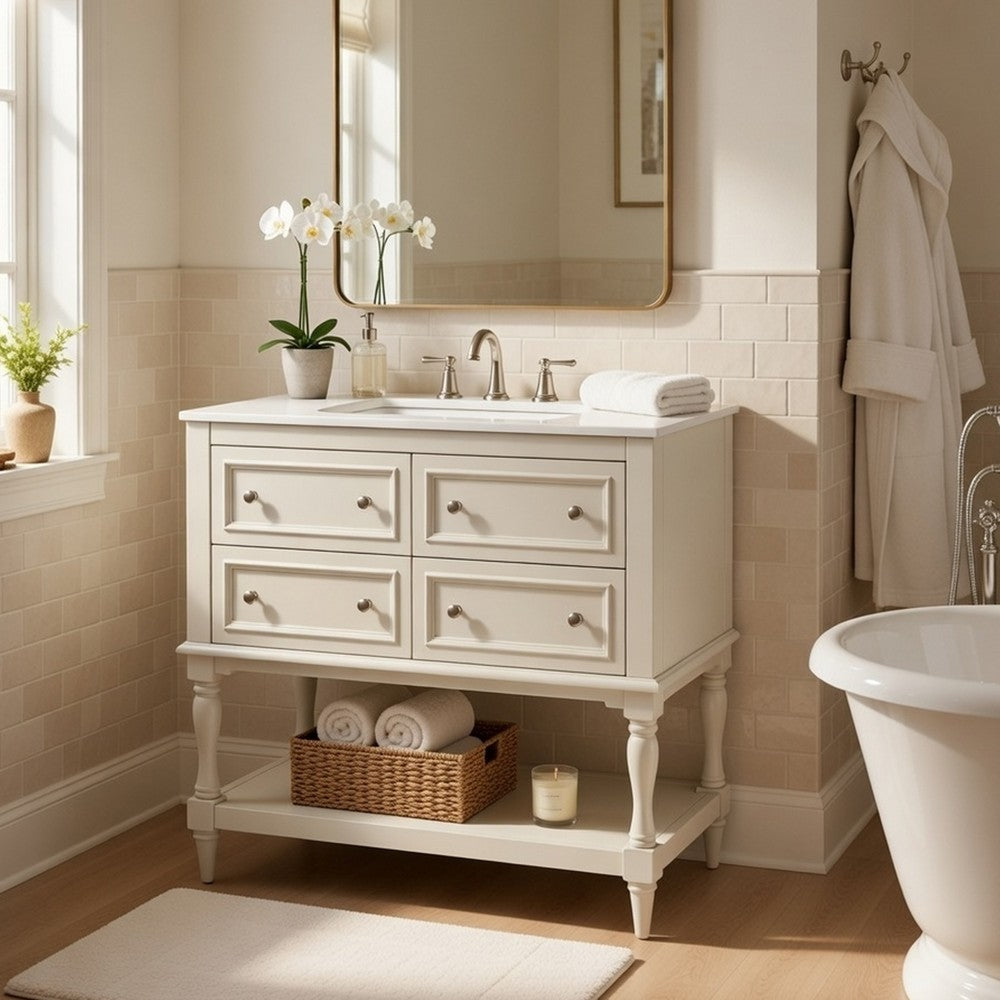Sandra 36" Bathroom Vanity with Ceramic Sink | 4 Drawers | Beige Solid Wood