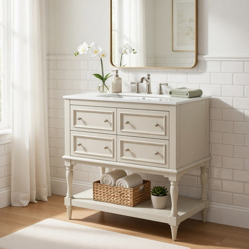 Sandra 36" Bathroom Vanity with Ceramic Sink | 4 Drawers | Beige Solid Wood