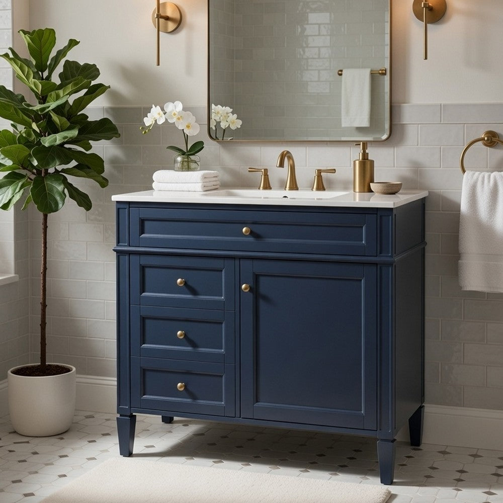 Asher Bathroom Vanity | Ceramic Sink | Smart Storage | Navy Blue Wood | 36"