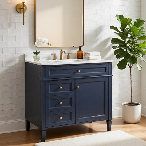 Asher Bathroom Vanity | Ceramic Sink | Smart Storage | Navy Blue Wood | 36"