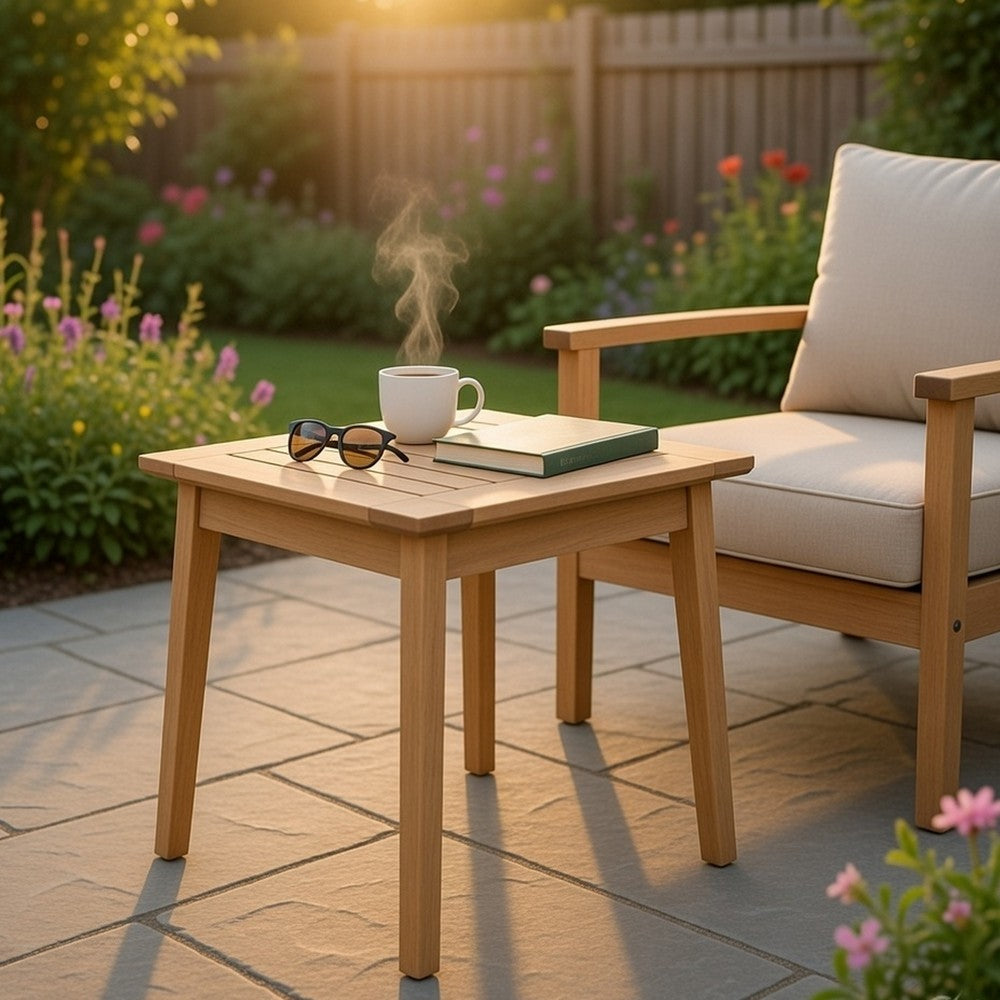 Reio Outdoor Poolside Table | 20" Slatted Top | Light Oak Brown Wood