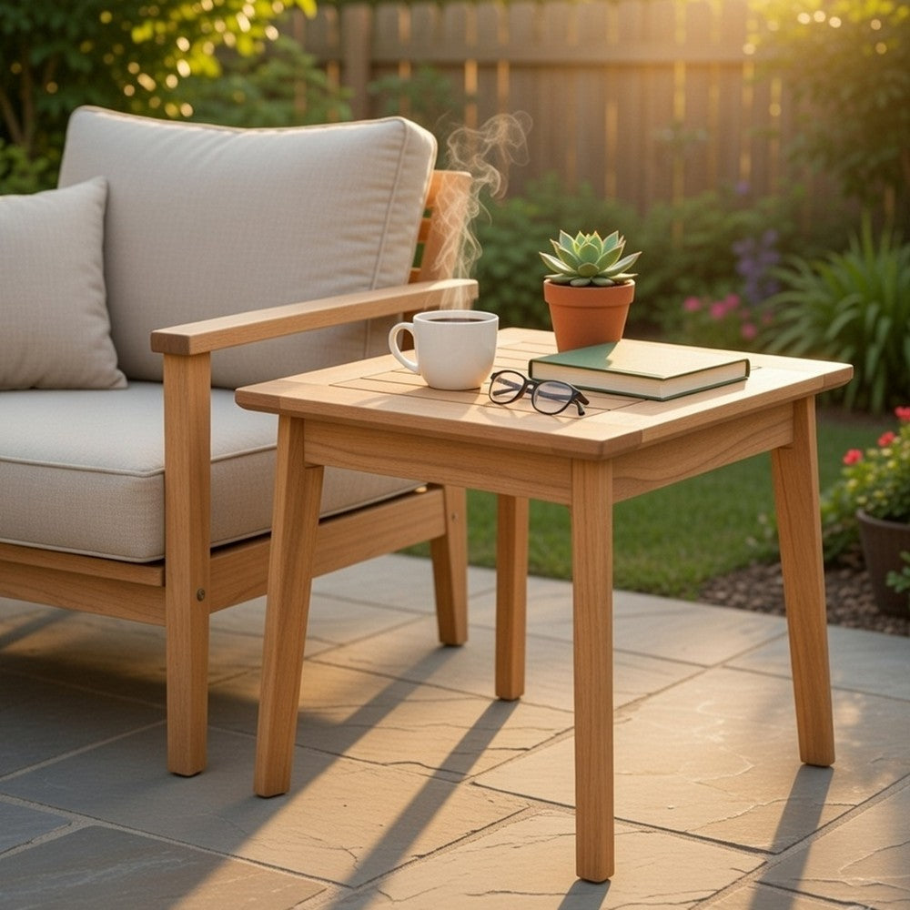 Reio Outdoor Poolside Table | 20" Slatted Top | Light Oak Brown Wood
