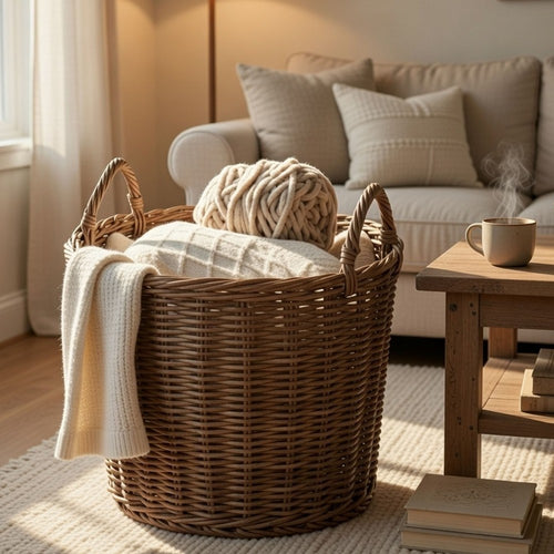 Lom Storage Basket with Handles | Walnut Brown Wicker Woven Hamper | 16"