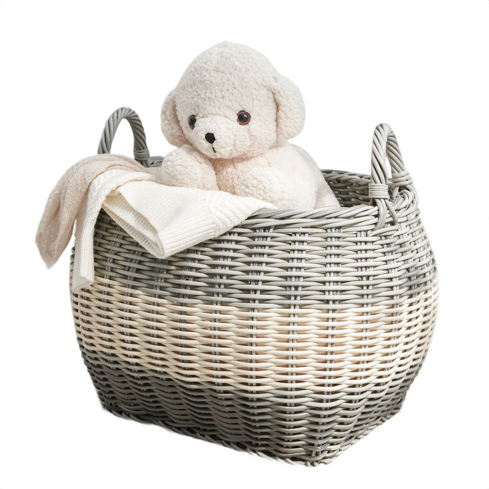 Cae Storage Basket with Handles | Gray & Cream Wicker Woven Hamper 18"