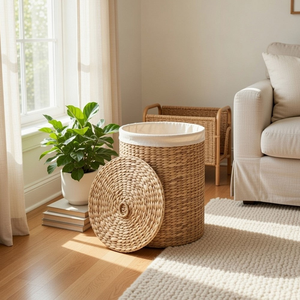 Leri Lidded Laundry Hamper |Fabric Lining | Light Brown Hyacinth | 20"