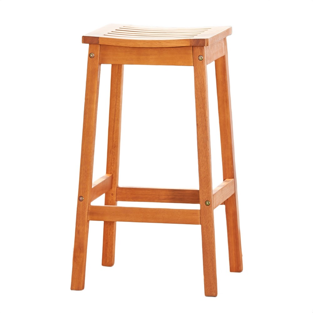 Heno Outdoor Bar Height Stool | Saddle Seat | Honey Brown Eucalyptus Wood