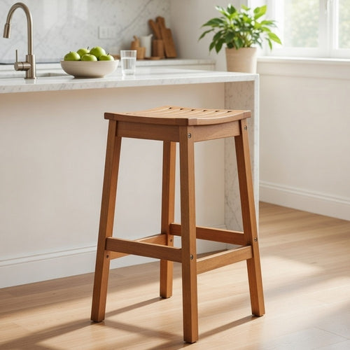 Heno Outdoor Bar Height Stool | Saddle Seat | Honey Brown Eucalyptus Wood