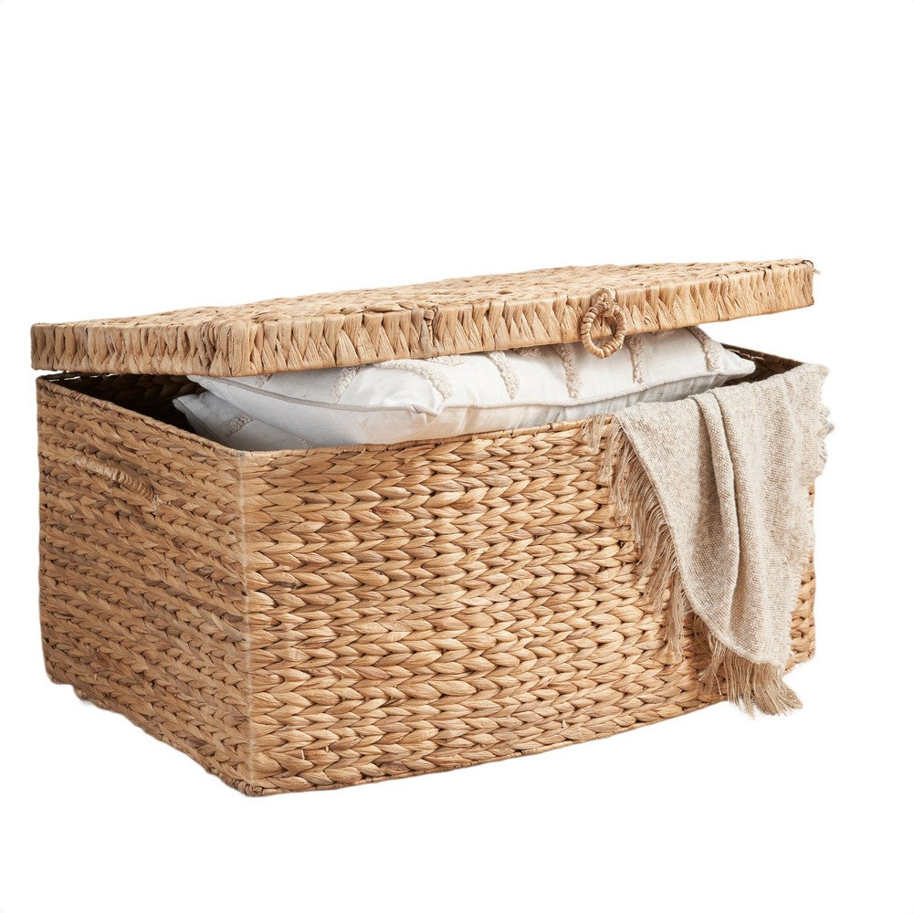 Lidded Storage Trunk with Handles | 26" Light Brown Hyacinth Woven