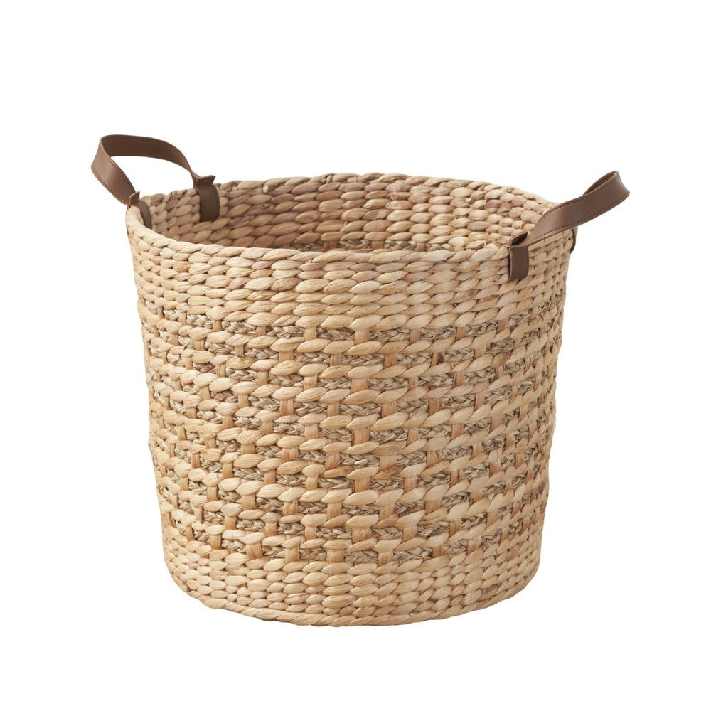 Storage Basket with Faux Leather Handles | 16" Brown Hyacinth Woven
