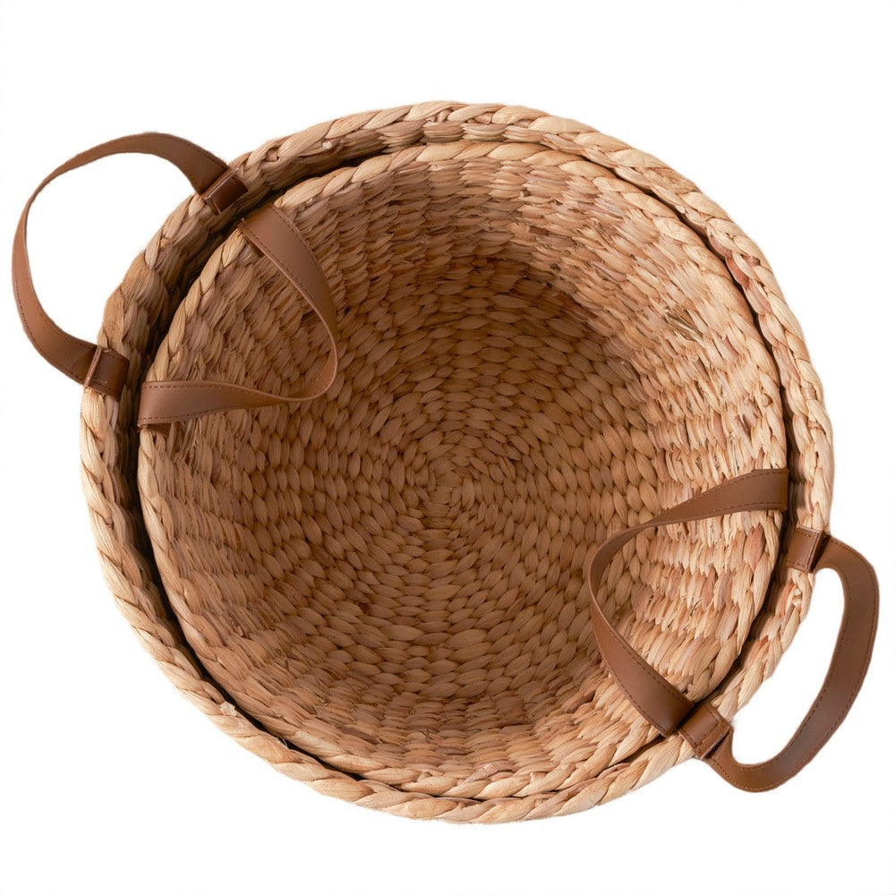Storage Basket with Faux Leather Handles | 16" Brown Hyacinth Woven