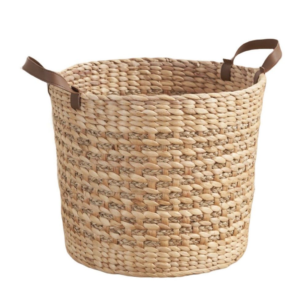 Storage Basket with Faux Leather Handles | 16" Brown Hyacinth Woven
