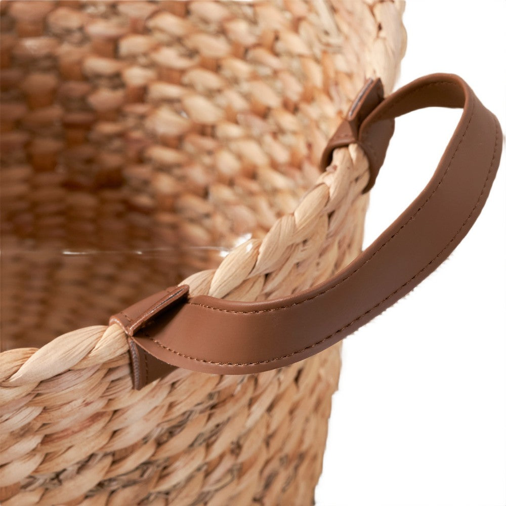 Storage Basket with Faux Leather Handles | 16" Brown Hyacinth Woven